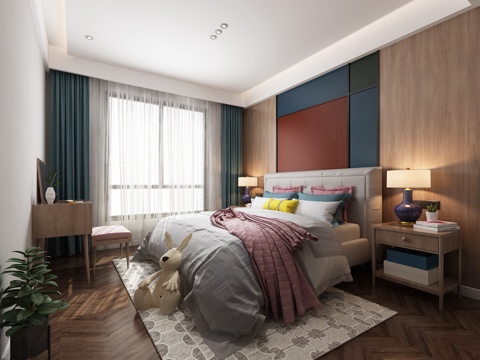  现代卧室 台灯 双人床 地毯 梳妆台3d模型 