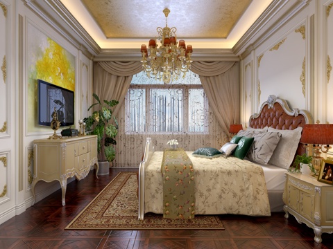  法式主卧室 电视柜 吊灯 双人床 床边柜 窗帘3d模型 