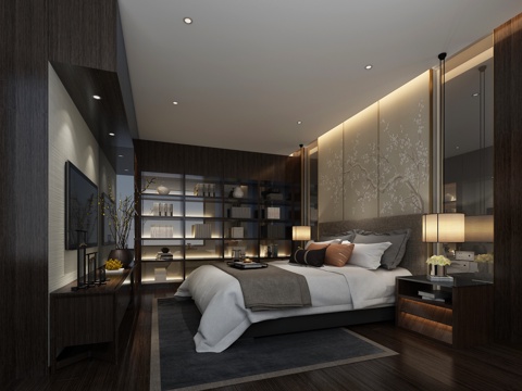  新中式卧室主人房 双人床 书柜 台灯 装饰柜3d模型 