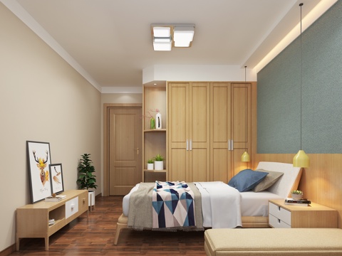  现代卧室 吸顶灯 衣柜 双人床 装饰柜 挂画3d模型 