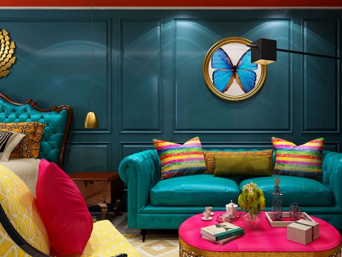  风格混搭欧式美式蓝绿色沙发 床3d模型 