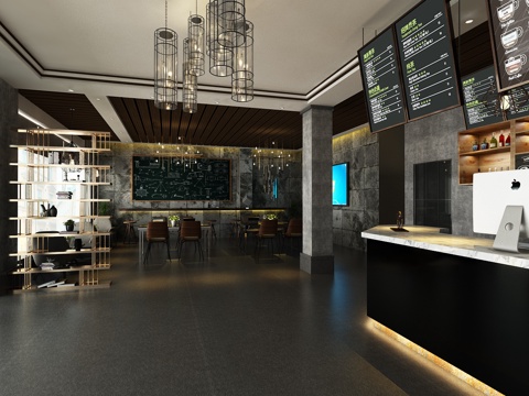  混搭咖啡厅 奶茶店 吧台 创意书架3d模型 