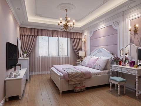 欧式简约女孩房 吊灯 双人床 梳妆台 装饰柜 壁灯3d模型 