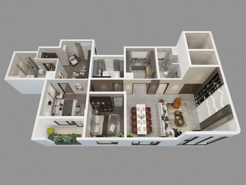 现代家装样板间鸟瞰  客餐厅 装饰摆件 立体户型 厨房su模型