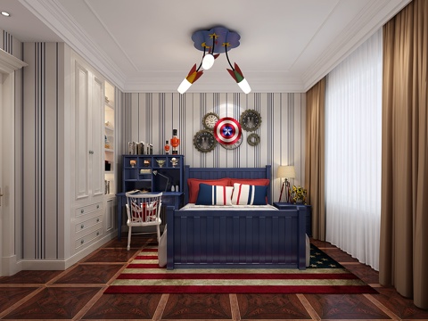  地中海儿童房 吊灯 双人床 书桌椅3d模型 