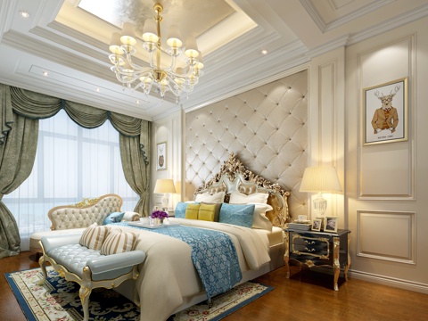  欧式简约卧室 吊灯 台灯 床尾凳 双人床 挂画3d模型 