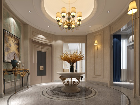  新古典别墅入户圆厅玄关3d模型 