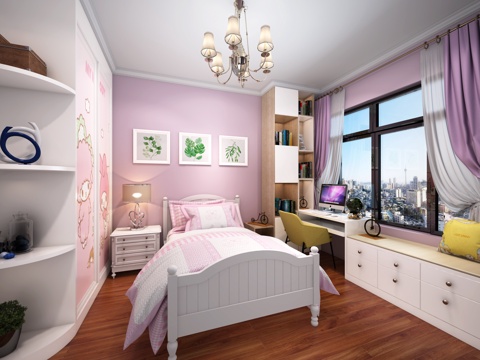  欧式简约红色女孩儿童房 吊灯 床 置物架 摆件 书桌椅3d模型 