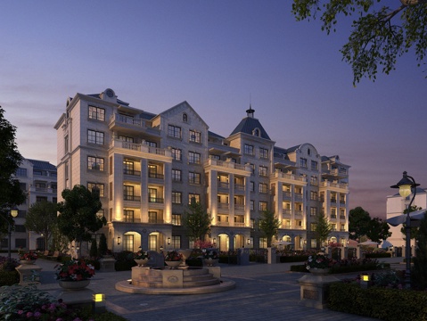  经典欧式多层住宅夜景全模场景3d模型 