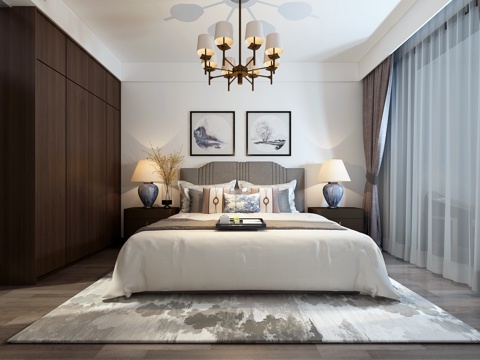  新中式卧室 吊灯 双人床 台灯 衣柜3d模型 