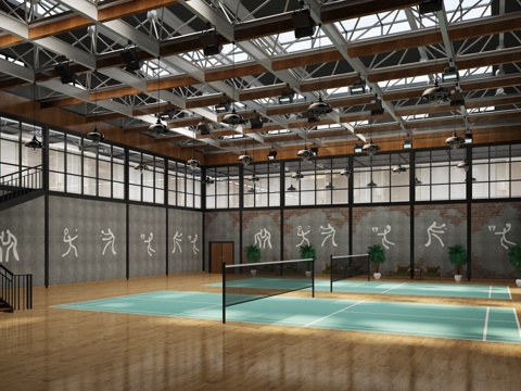  工业风体育馆 网球场3d模型 