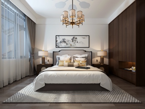  新中式卧室 吊灯 双人床 台灯 衣柜3d模型 