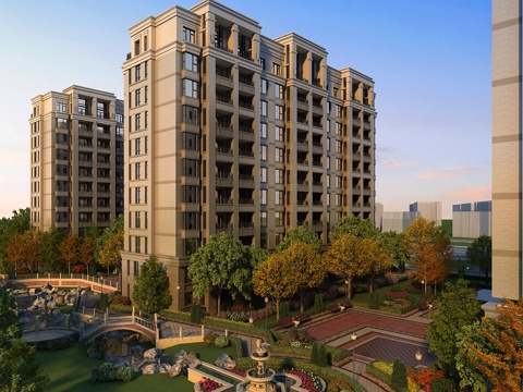  欧式简约住宅鸟瞰内庭院景观全模场景3d模型 