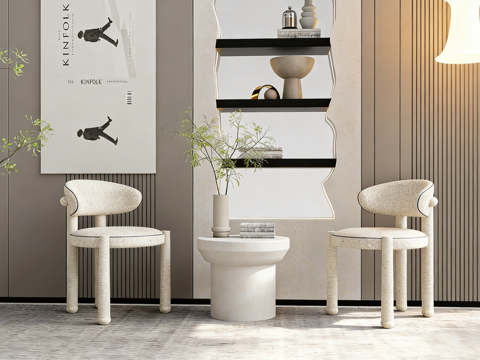 现代简约休闲角 休闲椅对放 圆形茶几 装饰画置物架 样板间su模型