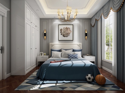  现代男孩儿童房 吊灯 双人床 挂画 壁灯 玩具3d模型 