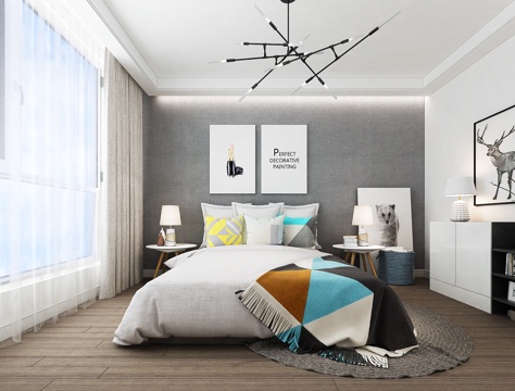  北欧卧室客厅 吊灯 双人床 挂画 台灯 装饰柜 挂画 双3d模型 