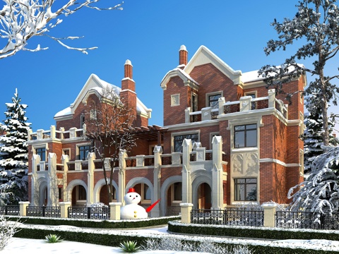  英式田园别墅雪景全模场景3d模型 