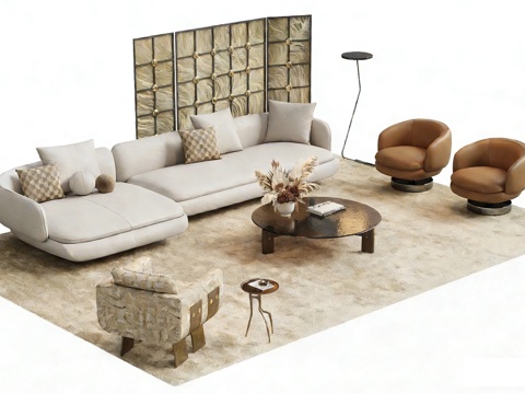  轻奢沙发茶几组合 休闲椅 沙发茶几 落地灯 轻奢屏风3d模型 