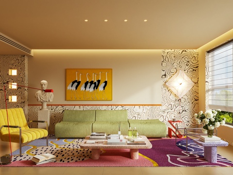  多巴胺客厅 沙发 茶几 休闲椅 单椅 角几 摆件 书籍3d模型 