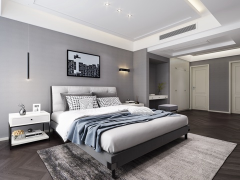  北欧卧室 双人床 床头柜 壁灯 吊灯 装饰品3d模型 