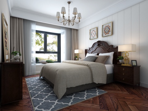  美式简约风格卧室3d模型 
