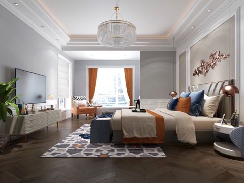  现代卧室 吊灯 双人床 床尾凳 装饰柜 置物架3d模型 