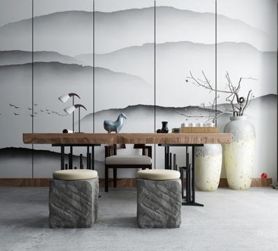  新中式办公桌座椅组合3d模型 