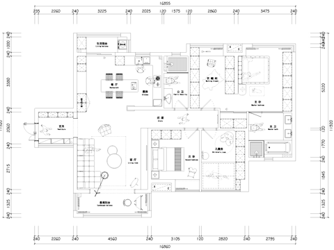 室内家装三室两厅两卫户型图平面CAD施工图cad施工图