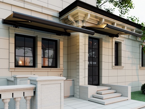 现代 法式建筑 门窗 户外智能电动遮阳篷su模型