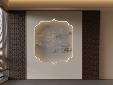 新中式背景墙su模型