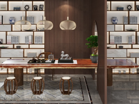  中式茶桌书柜组合3d模型 