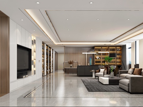  现代客餐厅 开放厨房 中岛台 酒柜 沙发茶几组合 餐桌椅组合3d模型 