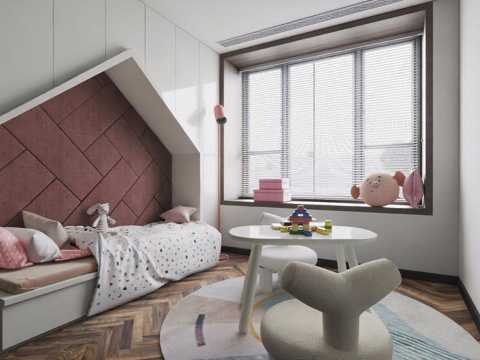  现代简约儿童房设计 粉色软包床创意家居装饰免费3d模型 