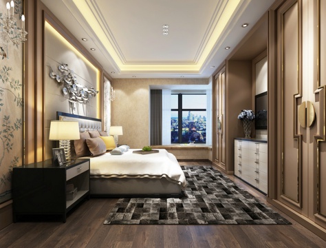  现代卧室 吊灯 双人床 台灯 挂画 装饰柜3d模型 