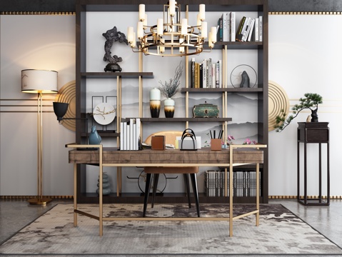  新中式书房 书桌 书架 博古架 组合模型3d模型 