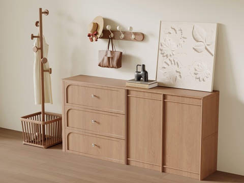 侘寂中古玄关 玄关柜 挂衣架 挂钩su模型