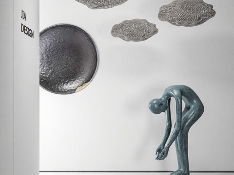  JIA DESIGN艺术展厅 青铜人形雕塑 云朵金属吊灯 现代装置设计 品牌空间美学免费3d模型 