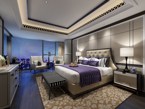  现代卧室 夜景灯光 床头 背景墙 床头柜 简约地毯 现代摆件3d模型 