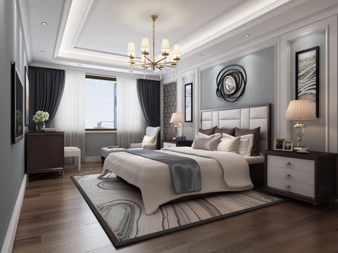  简欧 欧式卧室 欧式床 吊灯 台灯3d模型 