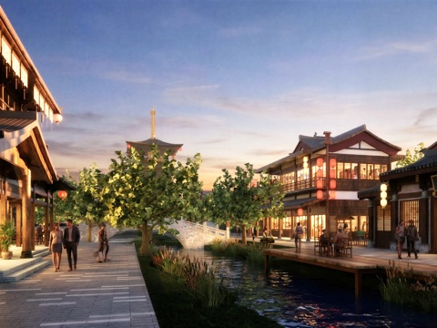 中式复古风情商业街 中式水街su模型