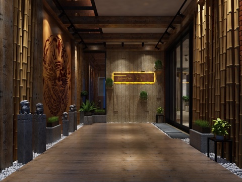  新中式门厅 餐厅 包间 竹子 挂画3d模型 