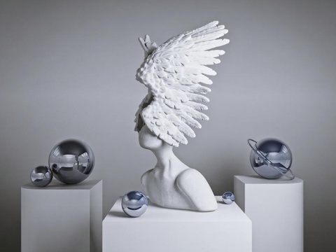  天使雕塑艺术装置 大理石金属球对称设计 未来感概念3D模型展示免费3d模型 