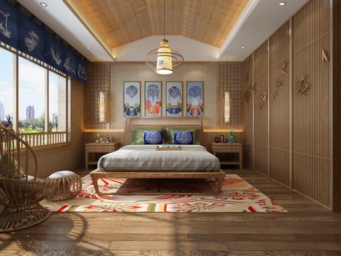  日式卧室主人房 床 屏风 吊灯3d模型 