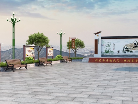  新中式村委会舞台背景墙3d模型 