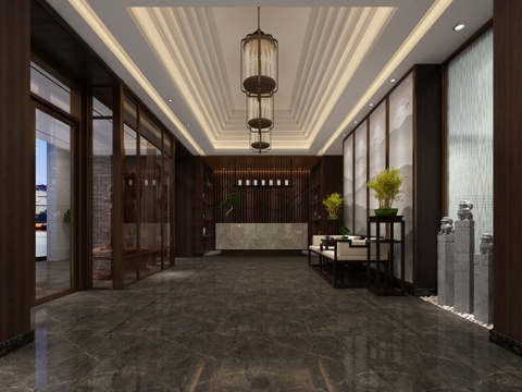  酒店门厅 走廊 吊灯 置物架 屏风3d模型 