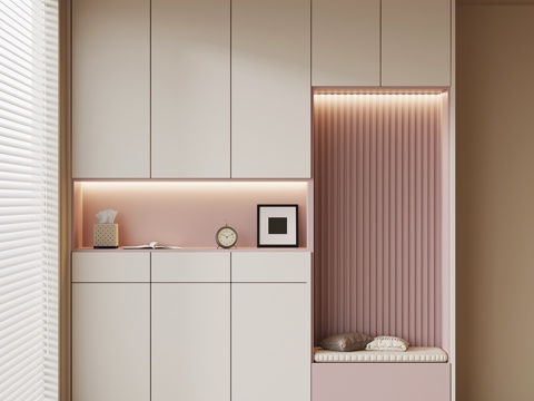  现代奶油风鞋柜 玄关柜su模型 