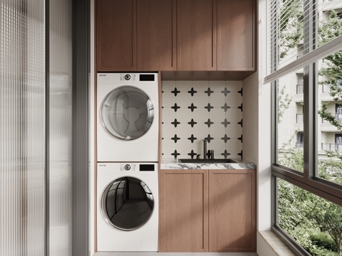 中古风阳台柜 洗衣机柜su模型