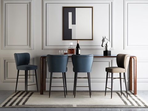  北欧吧台 长桌 吧台椅 地毯 装饰画 石膏线 休闲桌椅3d模型 