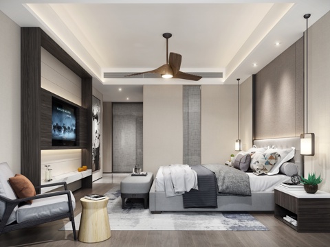  现代简约次卧 吊灯 床头柜 电视柜3d模型 