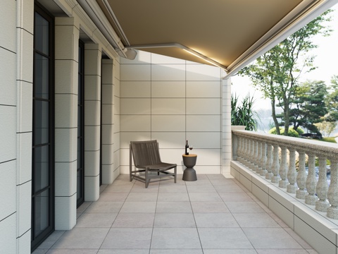 现代法式阳台 门窗电动智能遮阳棚 户外休闲椅 圆形茶几su模型